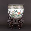 A CHINESE ENAMELED WUCAI JARDINIERE, 19TH CENTURY, WITH WOODEN STAND 
