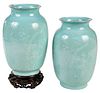 Pair of Chinese Green Celadon Slip Decorated Vases
