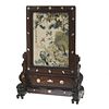 Chinese silk and inlaid hardwood table screen
