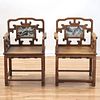 Pair Chinese marble inset hardwood open armchairs