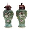 Pair Chinese famille vert jars with cover