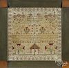 Silk on linen sampler, dated 1836, wrought by Mary Suffield, 20'' x 20''.