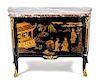 * A Louis XV/XVI Transitional Style Ebonized Wood and Marquetry Commode Height 34 1/2 x width 47 1/2 x depth 21 1/4 inches.