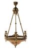 A Continental Gilt Bronze and Alabaster Three-Light Chandelier Height 31 inches.