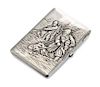 * A Russian Silver Cigarette Case, Mark of S. Storganov, Moscow, 19th century, the lid with raised decoration showing two men st