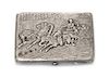 * A Russian Silver Cigarette Case, Makers mark KK, Moscow, the lid worked to show a winter landscape centered by riders in a tro