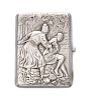 * A Russian Silver Cigarette Case, , the lid worked to show a man grasping the arm of a draped woman by a spring.