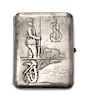 * A Russian Silver-Plate Cigarette Case, Early 20th century, of rectangular form, the lid worked to show a soldier clutching a r