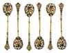 * A Set of Six Russian Silver-Gilt and Enamel Demitasse Spoons, Mark of K. Faberge with Imperial warrant, overstriking mark of F