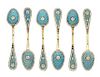 * A Set of Six Russian Silver and Enamel Demitasse Spoons, Maker's mark Cyrillic SK, Moscow, late 19th century, having a light b