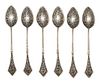 * A Set of Six Russian Niello Silver Teaspoons, Maker's marks obscured, Moscow, late 19th/early 20th century, each having a knop