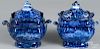 Two Blue Staffordshire ''Wadsworth Tower'' covered sugars, 19th c., 6 3/4'' h.