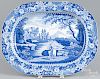 Blue Staffordshire ''Castle of Rochefort'' platter, 19th c., 14 1/2'' l., 19'' w.