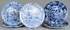 Five blue Staffordshire plates, 19th c., to include ''Death of the Bear''