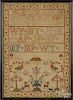 Silk on linen sampler, dated 1828, wrought by Christian Ponteous, 16 3/4'' x 11 3/4''.