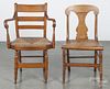 Sheraton tiger maple rush seat armchair, ca. 1825, together with a sabre leg chair with a caned seat