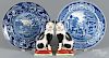 Two blue Staffordshire plates, 19th c., 10 1/4'' dia., together with a pair of cats, 7'' h.