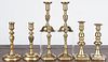 Four pairs of brass candlesticks, three are 19th c., tallest pair is contemporary, 8 1/4'' h.