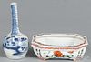 Chinese blue and white bottle vase, 6 3/4'' h., together with a famille rose bowl, 2 1/4'' h.
