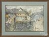 Chinese watercolor canal scene, 20th c., 17'' x 24 1/2''.