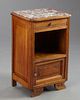 French Art Deco Carved Oak Marble Top Nightstand,