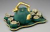 Green Porcelain Coffee Set, 20th c., by F. D., con