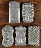 Five nickel-plated match vesta safes, ca. 1900, longest - 2 3/4''.