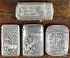 Three sterling silver match vesta safes, ca. 1900, with hunting scenes