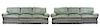* A Pair of Silk Damask Upholstered Three-Seat Sofas Width 120 inches.