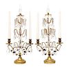 A Pair of French Gilt Bronze and Glass Three-Light Candelabra Height 21 1/2 inches.