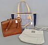 Three purses to include Ralph Lauren canvas and red, white, and blue bag (10 1/2" x 16" x 5"), DKNY...
