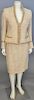 Escada two piece suit, tan and gold tweed jacket and skirt with beaded trim.