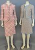 Five piece lot with two Moschino womens tweed suits including a pink multi-colored tweed suit jacket with two skirts and a tan,,,