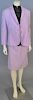 Moschino three piece lot with  purple women's tweed suit jacket with skirt and silk chocolate blouse.