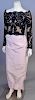 Bill Blass evening gown / dress having full sleeve embroidered black top over pink satin bottom, very good condition (size 4, lg. 58 in.)
