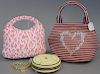 Three Eric Javits purses including squishee red , white, and blue handbag with beaded heart(8" x 12" x 6 1/2"), a clutch bag (5 1/2" x 6" x 1 1/2"), a