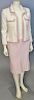 Chanel two piece lot including off-white jacket with pink trim and a cotton pink pleated skirt.