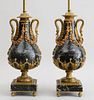PAIR OF LOUIS XVI STYLE GILT-METAL-MOUNTED VERDE ANTICO PEAR-FORM VASES, MOUNTED AS LAMPS