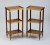 PAIR OF LOUIS XVI STYLE GILT-METAL-MOUNTED MAHOGANY PARQUETRY THREE-TIERED SIDE TABLES