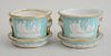 PAIR OF ENGLISH TURQUOISE-GROUND PORCELAIN CACHEPOTS AND STANDS