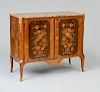 LOUIS XV/XVI GILT-BRONZE-MOUNTED TULIPWOOD AND FRUITWOOD MARQUETRY MEUBLE D'APUI