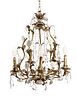 Iron, Crystal and Porcelain Six Light Chandelier