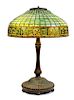 A Tiffany Studios Leaded Favrile Glass and Bronze Greek Key Table Lamp Height 23 x diameter of shade 16 inches.