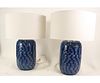 PAIR OF BLUE ART GLASS TABLE LAMPS
