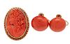 Coral Cameo Brooch and Coral Button Earrings in 14 Karat Yellow Gold 