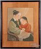 Oriental watercolor of woman and child
