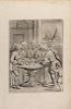 Dice Game Print. Germany, ca. 1600. Copper engraving on laid paper, depicting a game of dice being played by seven men and a child looking on. 15 x 9 