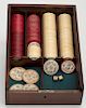 Cased Set of Ivory Poker Chips. American, ca. 1880. Including four numbered 25 (1 _î), 66 numbered 5 (1 _î), 97 with a five border design (1 _î). W