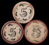 Three Five Dollar Ivory Poker Chips. American, ca. 1890. Red rim and leaf border. 1 5/8î diam. Excellent.