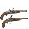 Two Spanish flintlock single shot pistols, approximately .69 caliber